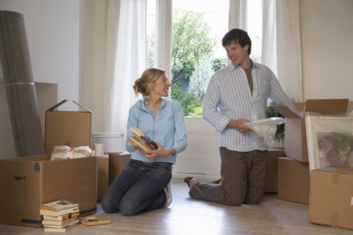 Business equipment and furniture being prepared for an office move
