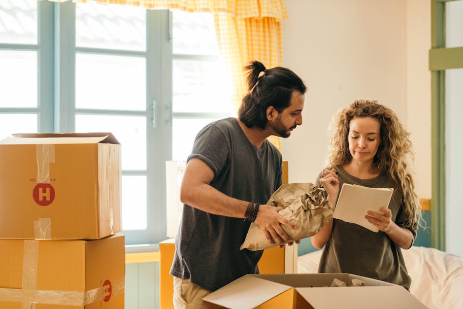 A man and a woman are inside a bright, spacious room during a house move. The man, with dark hair tied back in a ponytail and wearing a black t-shirt, is leaning over a large cardboard box, pointing at something with a marker. The woman, with curly hair tied in a bun and dressed in a greenish-brown long-sleeve top, is sitting at a wooden table, writing on a notepad with a black marker. Around them are several packed cardboard boxes, some sealed with packing tape, indicating the packing and moving process. In the background, a potted plant with broad green leaves sits on the floor near a window, which allows natural light to illuminate the room. A white sofa draped with a cover is visible behind the woman. The scene captures detailed elements of home relocation preparation, showcasing packing activities as part of a professional removals service offered by Man with Van Barkingside, including the organization and documentation of household items prior to furniture transport.